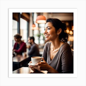 Happy Young Woman Drinking Coffee In Cafe Art Print