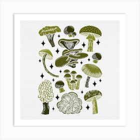 Texas Mushrooms   Olive Green Square Art Print