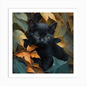 Black Kitten In Autumn Leaves 5 Art Print