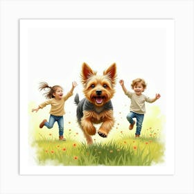 A Playful Yorkshire Terrier Running With Children In A Grassy Field, Watercolor 1 Art Print