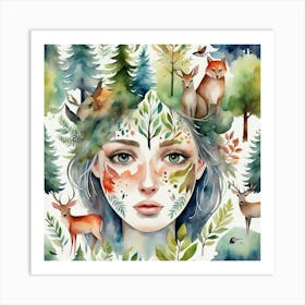 Watercolor Of A Girl In The Forest Art Print