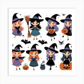 Cute Witches - Vector style Illustration For Halloween Art Print