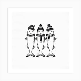 SARDINES LOVERS Three Fish In Winter Hats Art Print