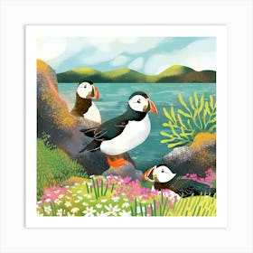 Puffins on the shore Art Print