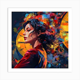 Woman In Front Of Clocks Art Print