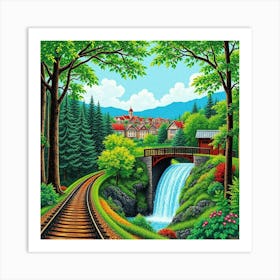 Train Tracks And Waterfall Art Print