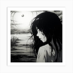 Girl Looking At The Moon black and white manga Junji Ito style creepy Art Print