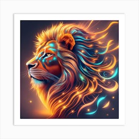 Fantasy Lion Made Of Neon Rays Eminating Orange Art Print