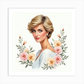 Princess Diana With Delicate Watercolor Floral Backdrop 1 Art Print