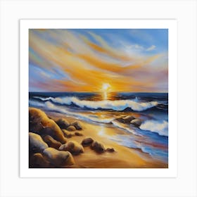 The sea. Beach waves. Beach sand and rocks. Sunset over the sea. Oil on canvas artwork.32 Art Print