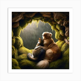Cat and Dogs In A Cave Art Print