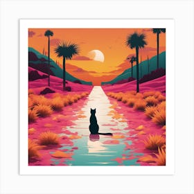 An Image Of A Cat Walking Through An Orange And Yellow Colored Landscape, In The Style Of Dark Teal (3) Art Print