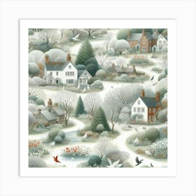 Winter Village And Evergreen Trees Art Print