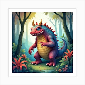 Monster In A Colorful Watercolor Jungle 1 Art Print