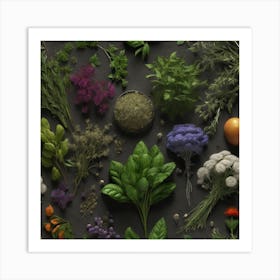 Various Herbs On A Dark Background Art Print