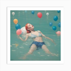 Red Hair Woman in Water Blooming Art Print