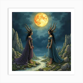 Watercolor The Gorgon Sisters In A Dark, Mythical Landscape 1 Art Print