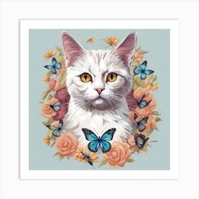 White Cat With Butterflies Art Print