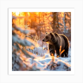 Majestic Brown Bear in Snowy Sunrise Forest Art Print