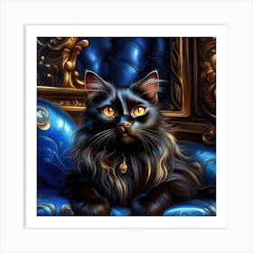 Black Cat In A Blue Chair Art Print