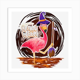 Retro Happy Halloween Flamingo Lover Witch Hat Halloween Art Print