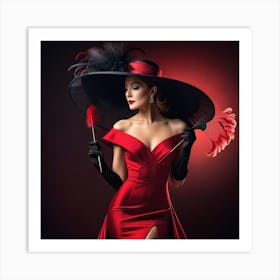 Glamorous Woman In Red Dress With Feather Art Print