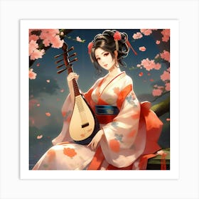 Japanese Geisha with musical instrument 1 Art Print