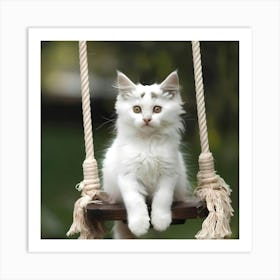 White Kitten On Swing Art Print