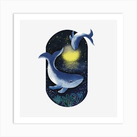 Dolphins under the moonlight Art Print