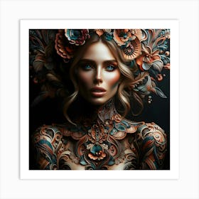 Beautiful Woman With Flowers On Her Head Art Print