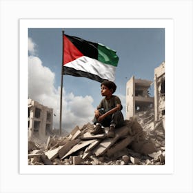 A Palestinian Child Sitting On The Rubble Of A Destroyed Building Looking Up At The Sky With A Mix Art Print