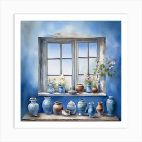Blue wall. Open window. From inside an old-style room. Silver in the middle. There are several small pottery jars next to the window. There are flowers in the jars Spring oil colors. Wall painting.43 Art Print