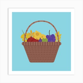 Wicker Basket With Fruits And Dairy Products Icon In Flat Design Art Print