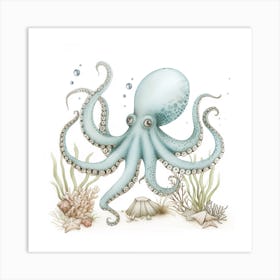 Storybook Style Octopus On The Ocean Floor With Aqua Marine Plants 2 Art Print