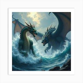 A Fierce Dragon Battling A Giant Sea Monster In A Stormy Sea 1 Art Print