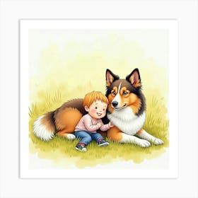 A Gentle Shetland Sheepdog Resting With A Child In A Sunny Field, Watercolor 1 Art Print