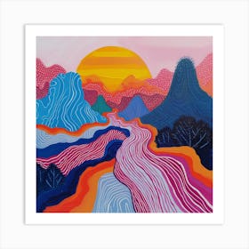  'Chromatic Valleys', a visual celebration of the natural world's rhythmic contours and the vivid dance of dusk and dawn. This artwork is a symphony of color, with flowing lines that echo the movement of rivers through mystical landscapes under a warming sky.  Nature-Inspired Art, Colorful Landscapes, Dusk and Dawn.  #ChromaticValleys, #NatureArt, #LandscapeColors.  'Chromatic Valleys' brings the enchanting beauty of the outdoors into your space with a modern, stylized twist. Perfect for those who wish to add a splash of color and the essence of sunrise serenity to their surroundings. This piece is sure to captivate and add a vibrant energy to any room. Art Print