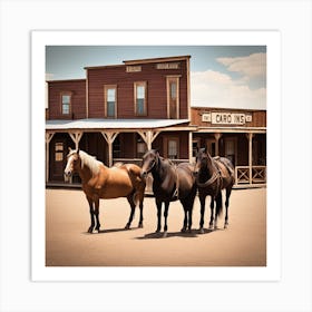 Three Horses In Front Of A Western Town Art Print