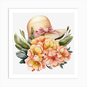 Watercolor Hat And Flowers Art Print