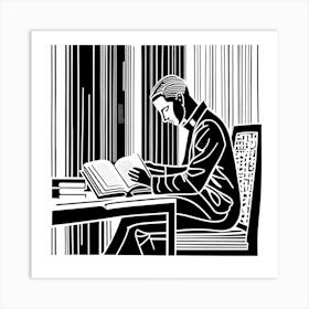 Reading A Book Linocut Black And White Painting, 320 Art Print