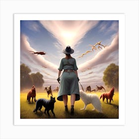 Woman Walking Dogs In A Field Art Print