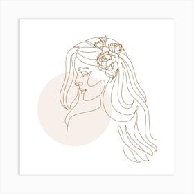 Minimal Line Art Woman with Flowers Art Print