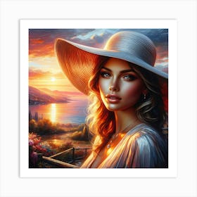 Beauty With Hat Enjoy Coastal Sunset Poster