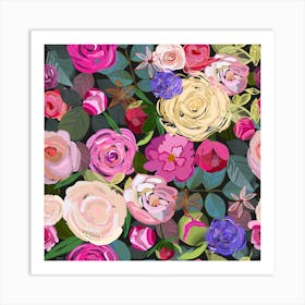 Colorful Roses Floral Pattern Square Art Print