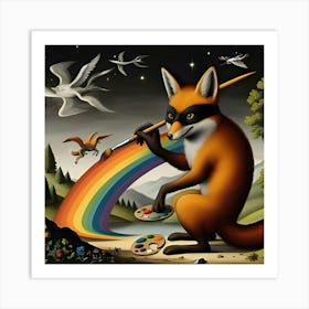 A Stealthy Fox With A Paintbrush That Shoots Rainbows, Inspired By The Fantastical Paintings Of Hieronymus Bosch Art Print