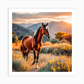 Horse In A Field At Sunset Art Print