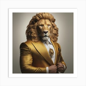 A Super Wealthy Hippie Muscular Lion Wearing A Beautiful Tailored Golden Suit, Heterochromia Iridum, Art Print