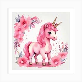 Pink Unicorn With Flowers Art Print