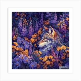 Lena1987 Wolf Portrait Cartoon Surrounded By Flowers Colorful 7d197a56 0404 47e2 97c8 9558fd3fc365 0 Art Print