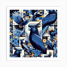 Blue Parrots In A Pattern Art Print